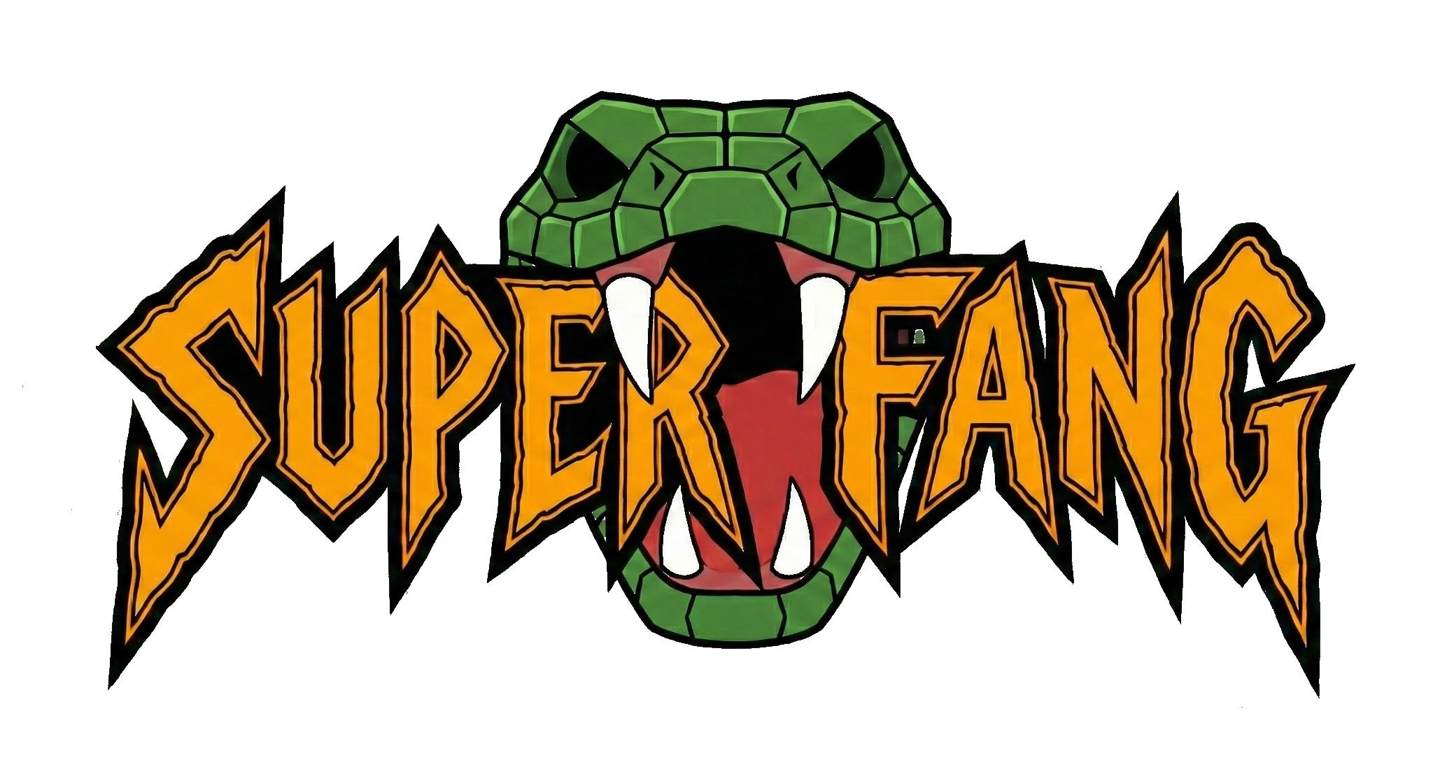 Superfang band logo — a green snake with fangs bursting through bold orange lettering